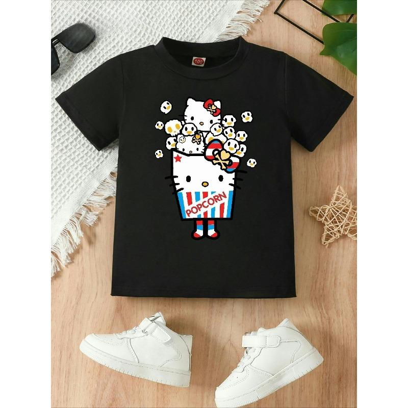 European Sizes Popcorn Bucket Print Girls' T-Shirt, Comfortable Casual Round Neck Short Sleeve Top, Summer Fashion