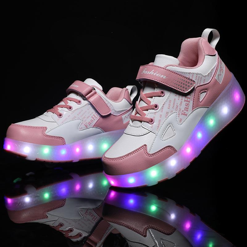 27-43 Detachable Wheel Boys/Girls Double Wheel Luminous Sneakers Can Be Charged Sneakers for Skating Kids Roller Skating Boots