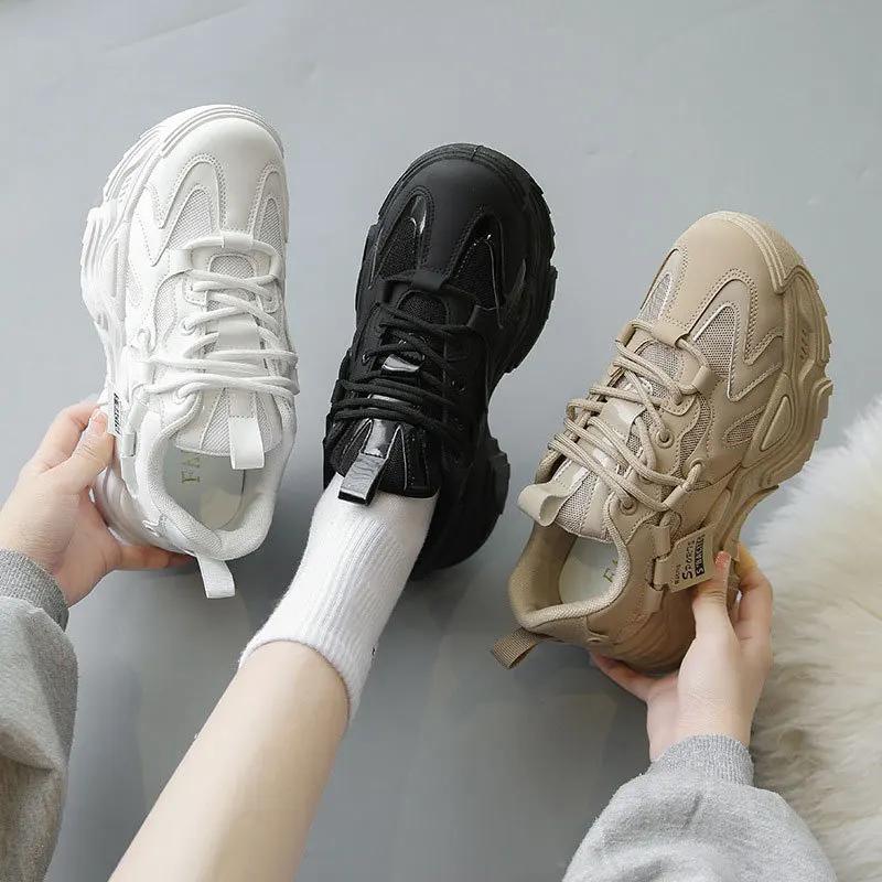 Women's Shoes Platform Autumn Leather 2023 New Versatile Black Casual Sneaker Solid Color Lace-up Vulcanize Shoes Tenis Feminino