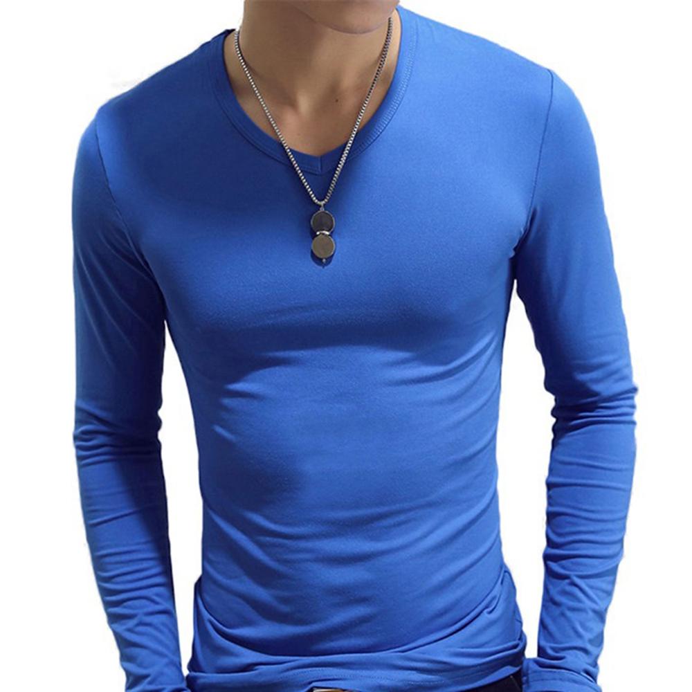 Men's Fashion Casual Slim Fit Long Sleeve T-Shirts Lightweight Solid Color O/V Neck Cotton T-Shirts Blouse