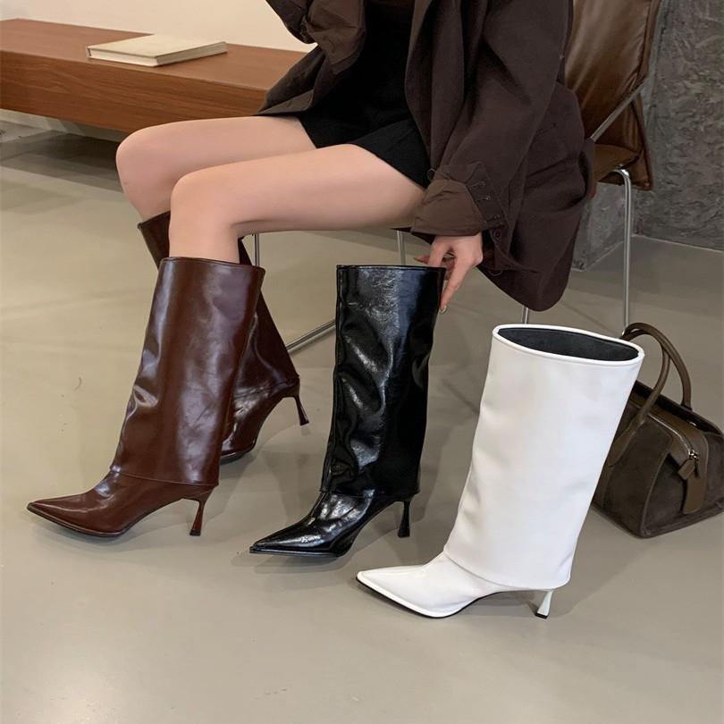European and American Long Knight Boots Women's High-heeled Trouser Boots Autumn and Winter Thin Fashion Pointed Hot Girls But Knee Thin Heel Boots