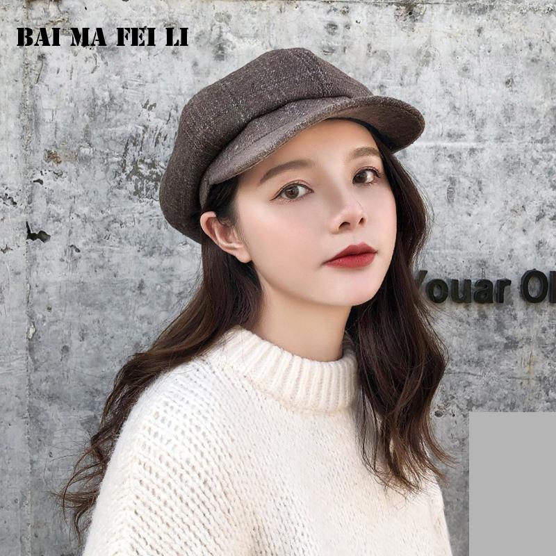 Retro Fashion Women's Newsboy Hats Plaid Octagonal Beret Cap Tweed Outdoor Visor Baker Beret Cabbie Cap Ladies
