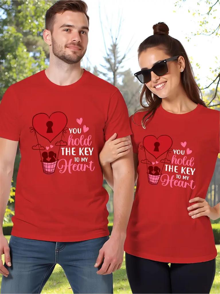 Valentine's Day Couples Matching T-Shirts Casual Short Sleeve Crew Neck T Shirt For Men Women New In Couple Elements Print Tees