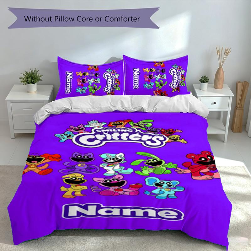 3pcs Custom Name Smiling Critters Bedding Set,Includes 1 Duvet Cover and 2 Pillowcases,All-season Bedroom Decor