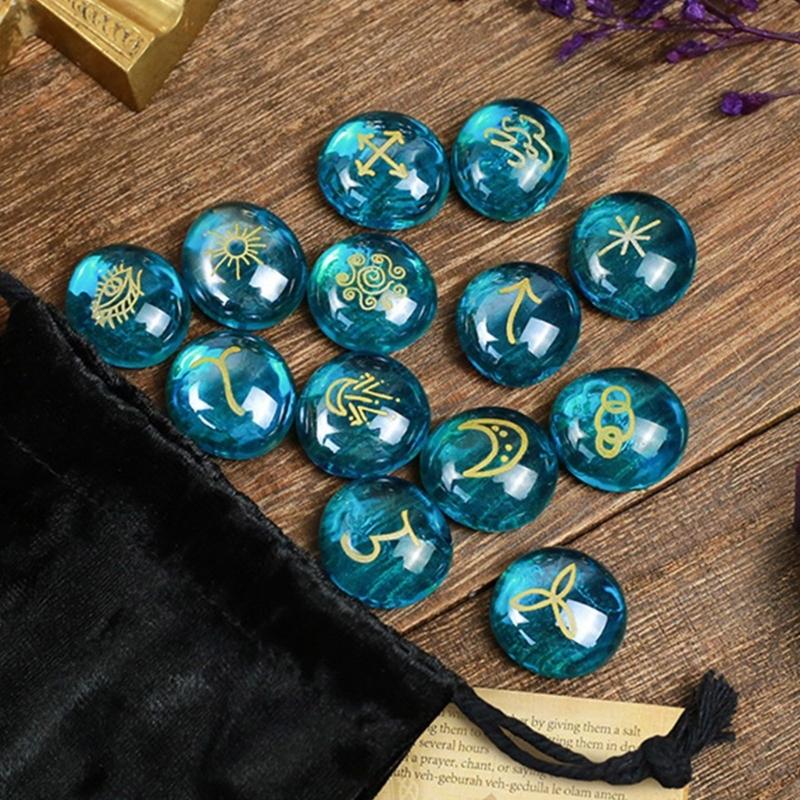 13Pcs Glass Runes Stone Irregular Divination Runes Stone with Instruction and Storage Bag Heal Gift Decoration