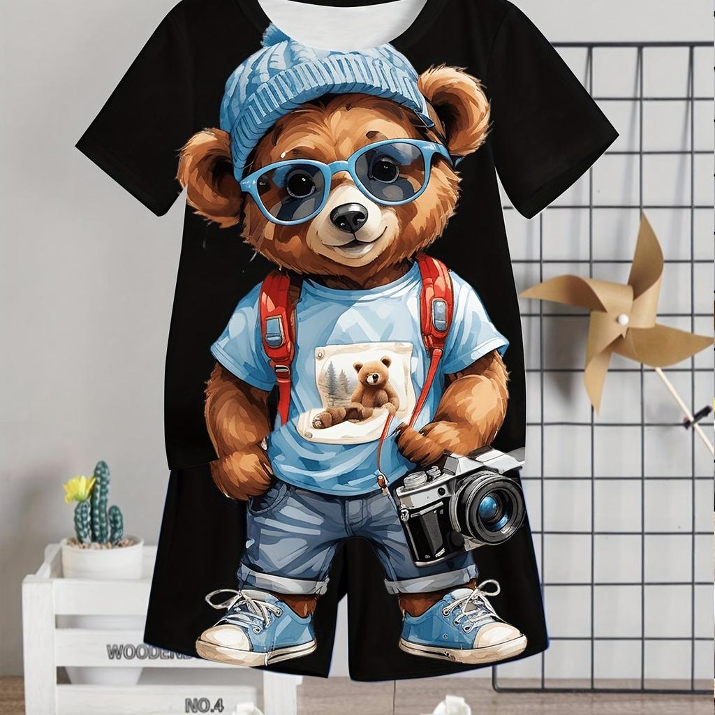 2026 Kids Clothes 2pcs Boys Fun Cartoon Bear Print Short Sleeve T-Shirt Shorts Set Summer Active Boys Complete Stylish Look
