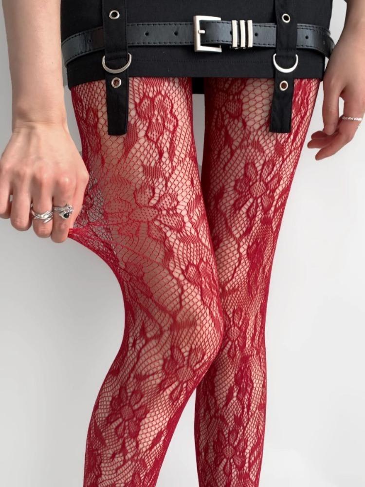 Damen Florale Spitze Strumpfhosen Sommer Netz Sexy Ausgeschnitten Dünn Und Atmungsaktiv Retro Punk Y2K Strumpfhosen Individuelle Fishnet Strümpfe