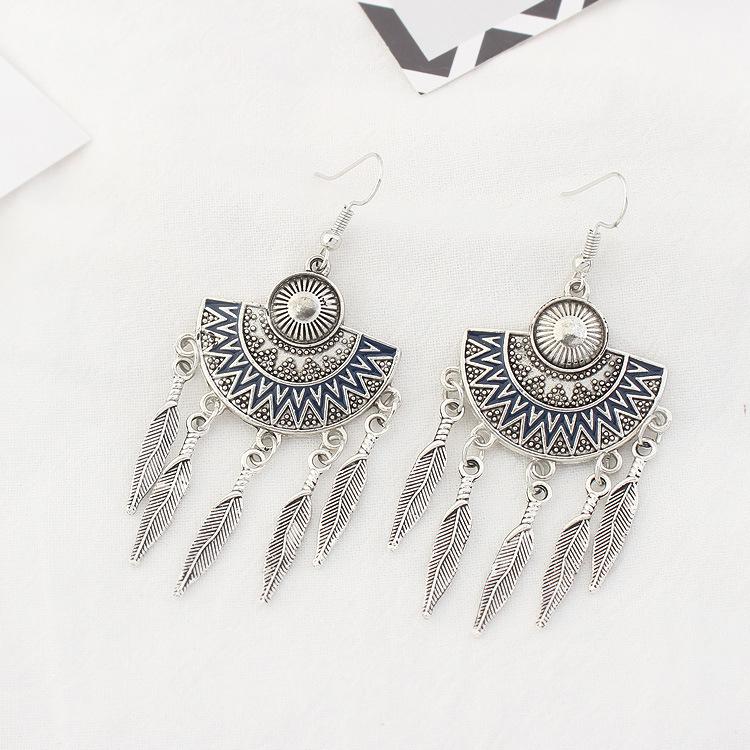 

Винтажные модные богемные серьги-веера в народном стиле с листьями и кисточками, женские серьги с индивидуальностью, универсальные чернил синий
