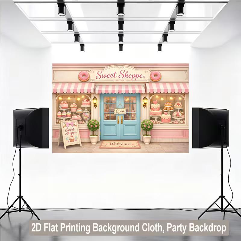 2D Sweet Shoppe Storefront Backdrop, Pink & Blue Pastry Shop Wall Decor for Kids Room