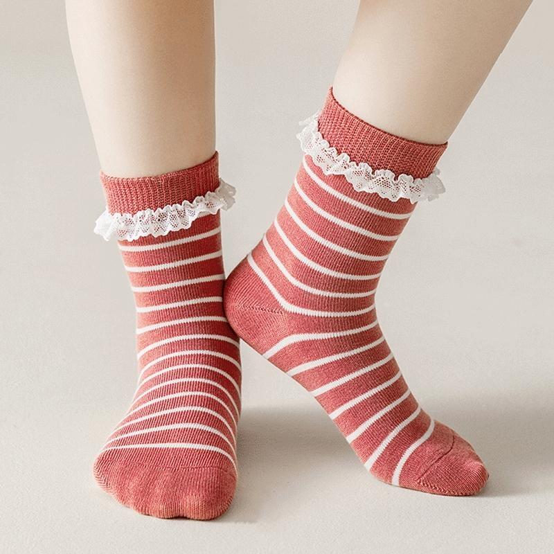 3Pairs/Set Kids Girls Socks Sweet Lace Bowknot Ruffle Socks Stripe Print  Socks Breathable Socks Autumn Spring