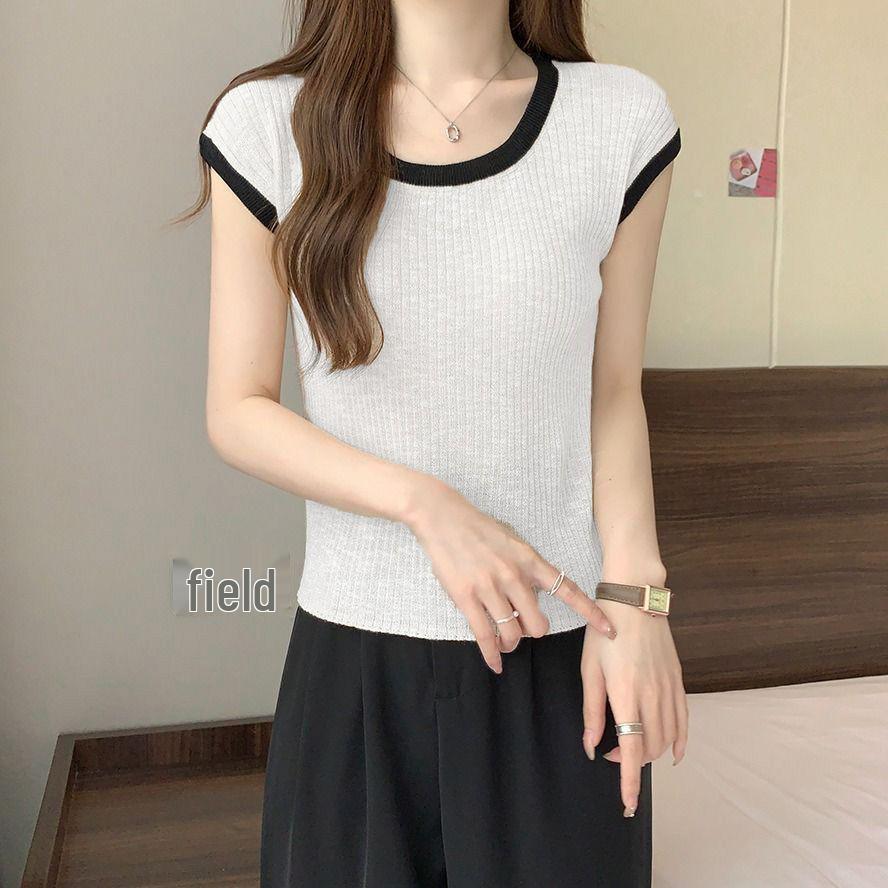Top versatil de damă cu mânecă scurtă, tricotat în stil coreean, cu blocuri de culoare, de înaltă calitate, cu gât rotund