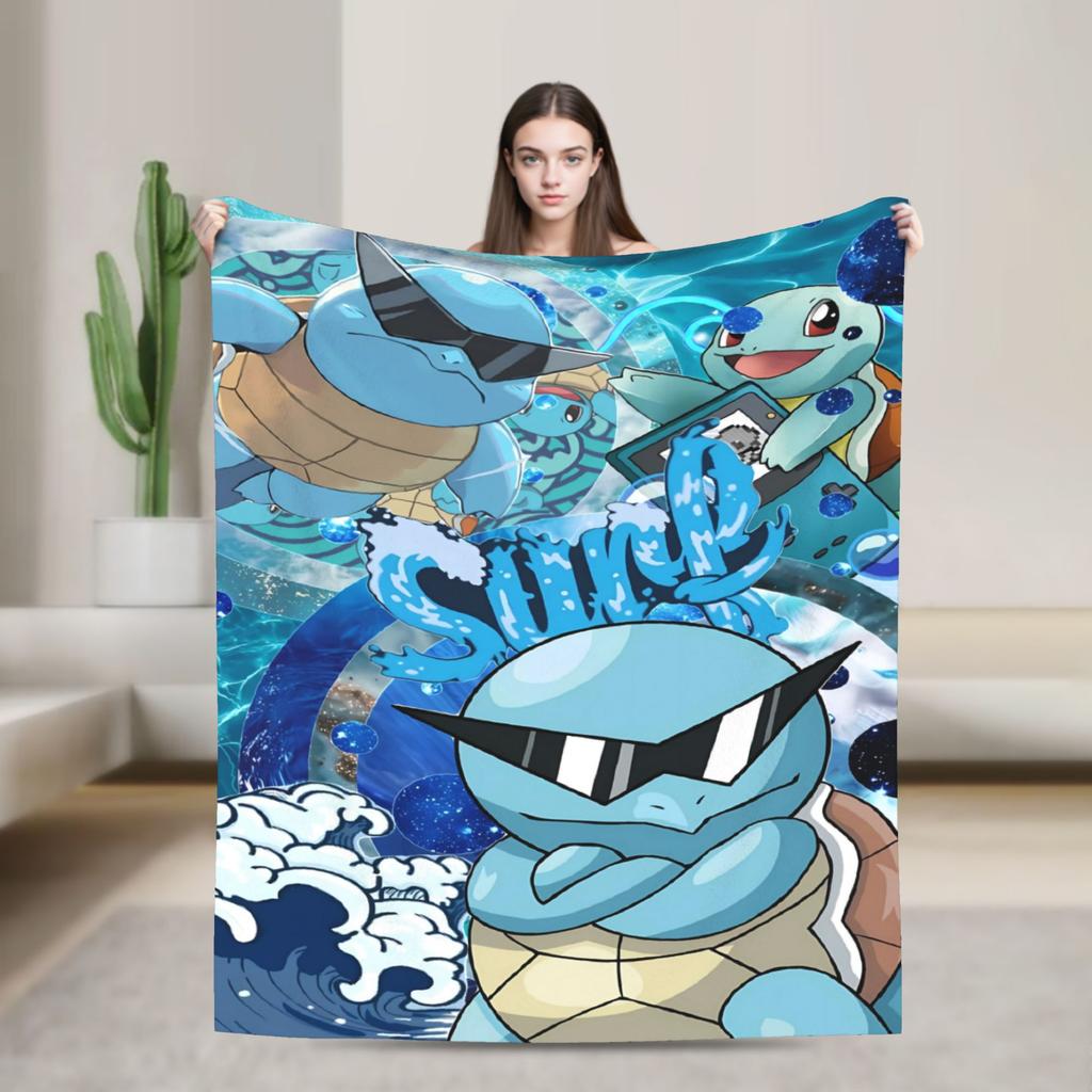 Squirtle Face Cartoon Plush Blankets Girls Boys Flannel Bedding Throws For Couch Chair Sofa Bed Super Soft Quality Bedspread