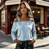 Women Shirt Adjustable Straps Off Shoulder Long Sleeve Pullover Tops Pure Color Denim Tops Travel Leisure Daily Wear