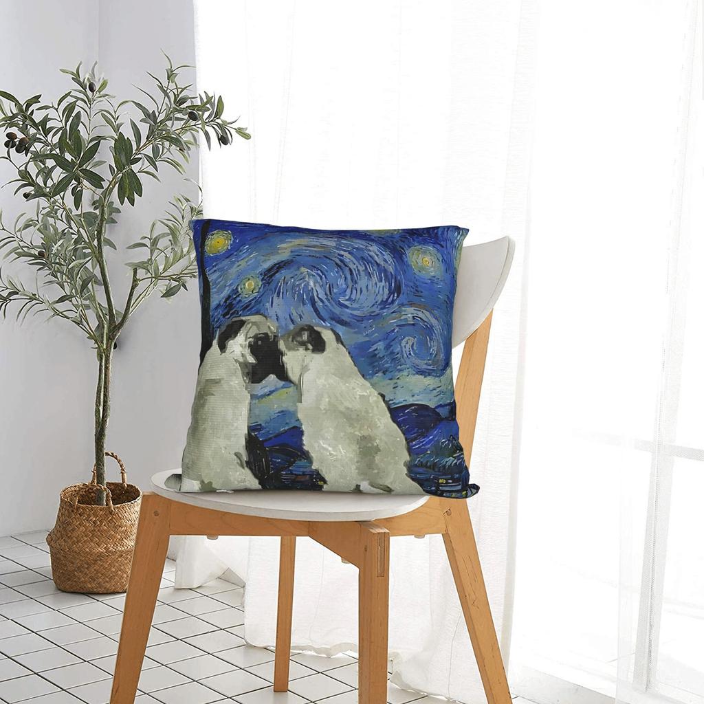 Starry Night Pugs Van Gogh Square Pillow Case Cushion Cover Creative Zippered Decorative Pillowcover for Bed 45*45cm