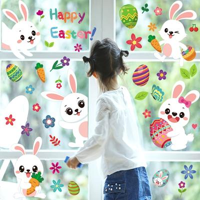 137pcs-Easter Static Window Stickers, Rabbit Egg Double-sided Decorative Window Stickers, Holiday Window Decoration Stickers