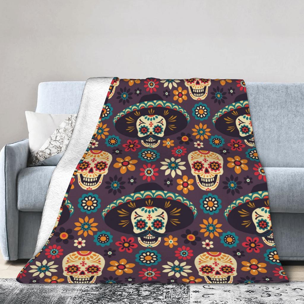 Sugar Skull Floral Blankets Day of the Dead Halloween Flannel Funny Soft Throw Blankets for Bedspread Decoration