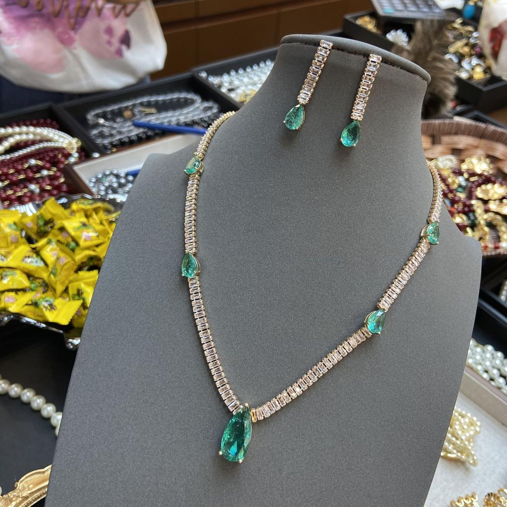 Hole Blue Water Drop Necklace Zircon Luxury Fashion Women'S Necklace Earrings Set Jewelry