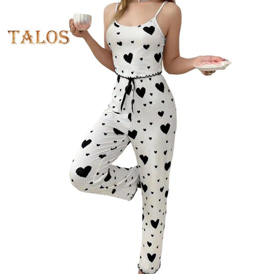 

2 шт./комплект, женская пижама, костюм без рукавов, открытая спина, присборенный топ с принтом в виде сердца, эластичная талии, широкие штанины, одежда для сна, весна-осень, домашняя одежда S чёрный