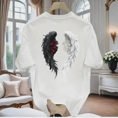 Tricou Unisex Alb Greu Stil American Aripile de Înger - La Modă Croială Largă, Mâneci Scurte, Gât Rotund