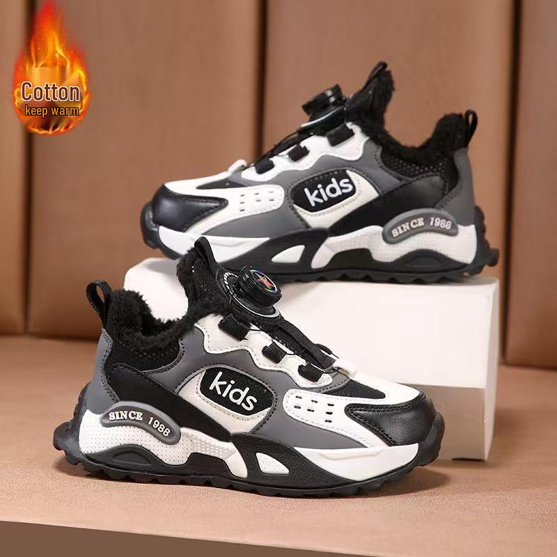 2025 Winter Boys' Waterproof Sports Shoes: Cotton-Leather, Velvet-Lined, Warm Running Shoes for Primary School