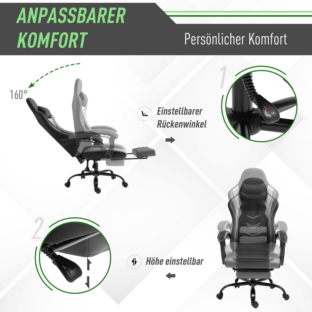 Ergonomic Gaming Chair Office Chair Desk Chair, Swivel Chair Height-Adjustable, Adjustable Lumbar Cushion with Footrest Black 62x52x128 Cm
