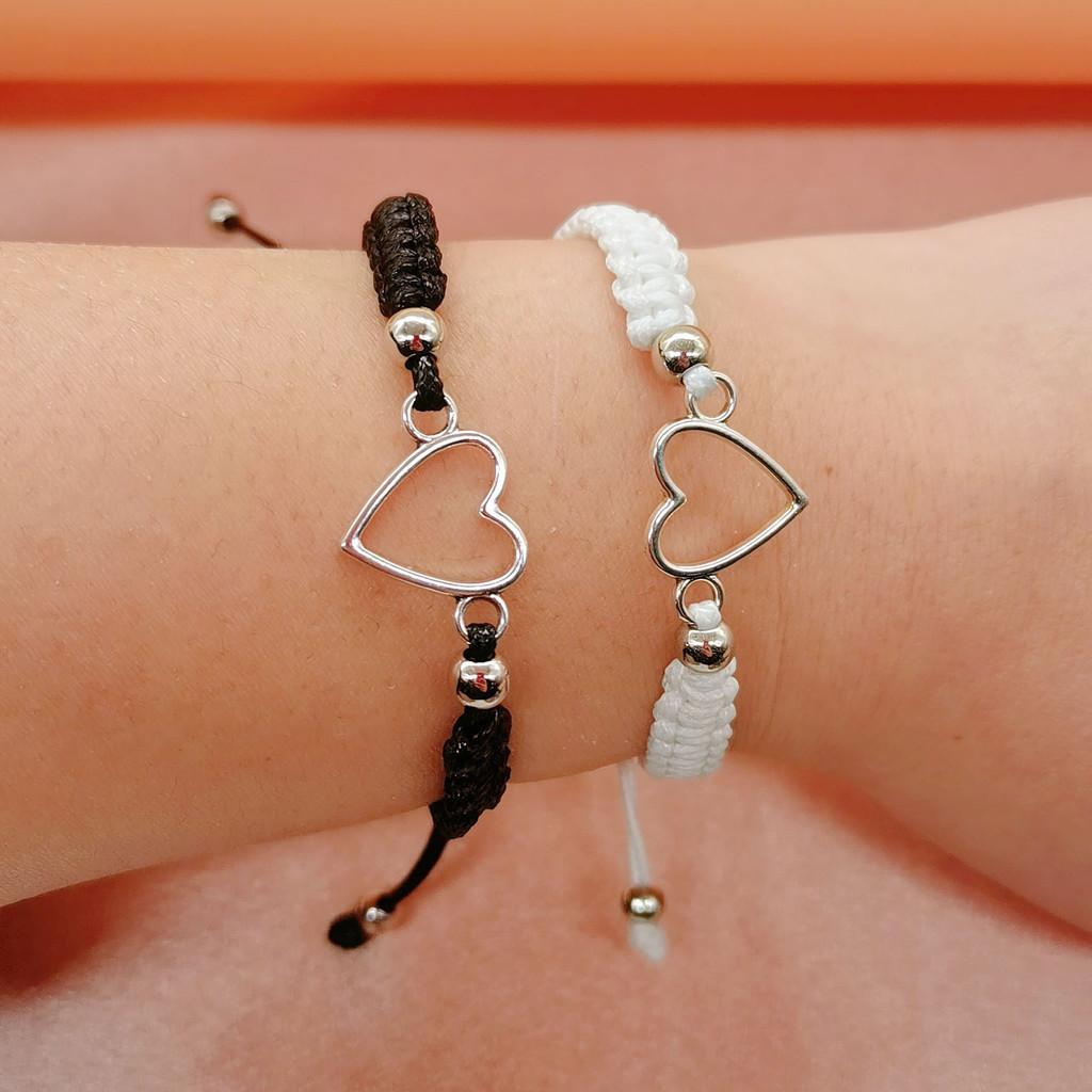 Creative Couple Black And White Bracelet With Hollow Love Heart Design Adjustable Alloy Bracelet