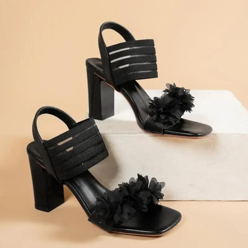 Fashion Luxury Lace Flower Decoration Slip On Black Sandals Women 2025 Summer Square Toe High Heel Sandals Fashion Beach Shoes Women
