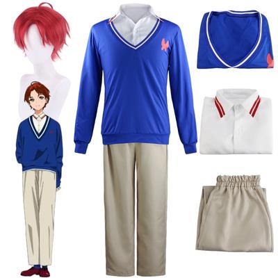 Anime WONDER EGG PRIORITY Momoe Sawaki Cosplay Costume Red Wig with Blue Coat Shirt Pants Outfits Christmas Carnival Clothing