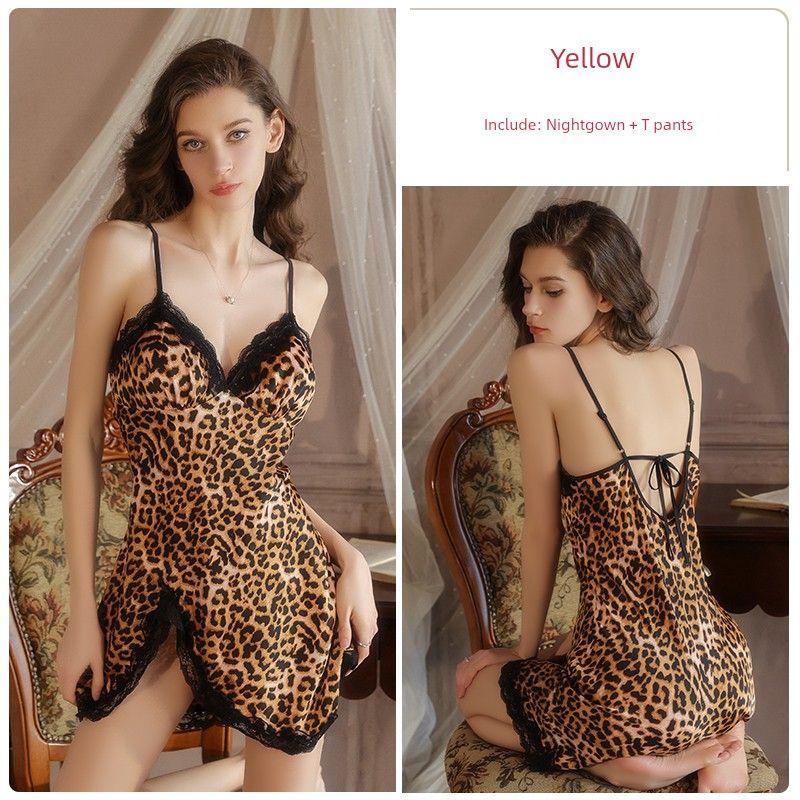 Good Morning with You Wild Hunter Sexy Vintage Leopard Print Print V-neck Lace Patchwork Slip Nightdress Fancy
