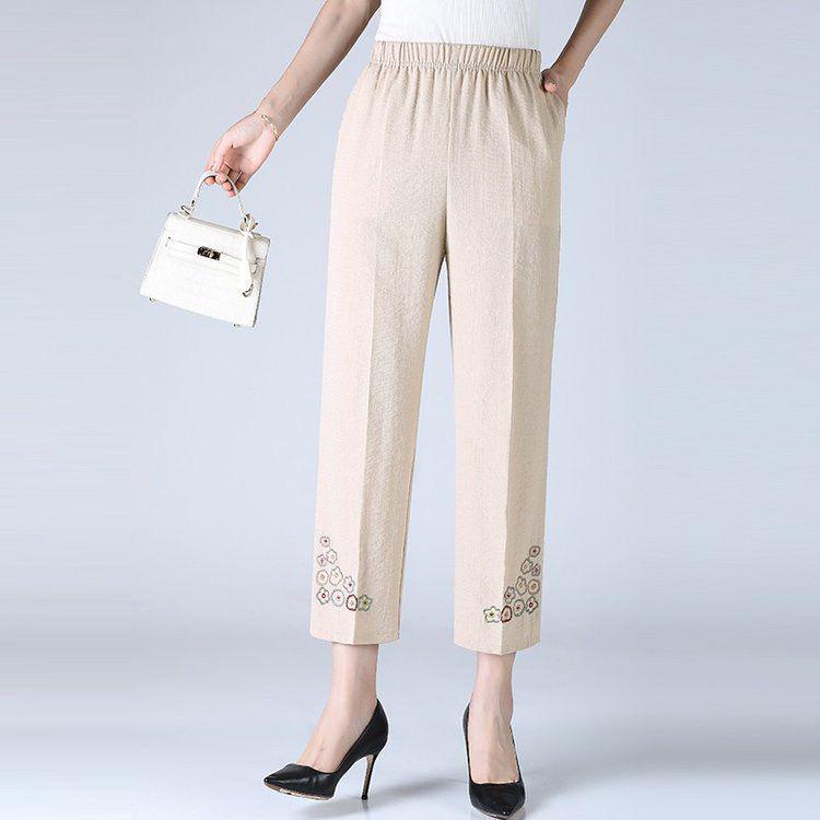 

Elastic Waist Plus Size Cotton Linen Pants for Middle-Aged Women - Casual Summer Cropped Pants XL (80-105 jin) бежевый
