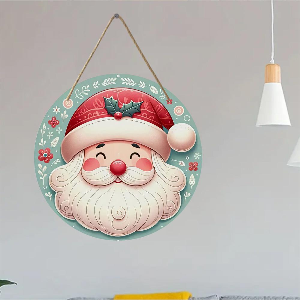 Cute Santa Claus pattern festive round wooden hanging plaque natural wood door sign wall decor xmas holiday party home decoration