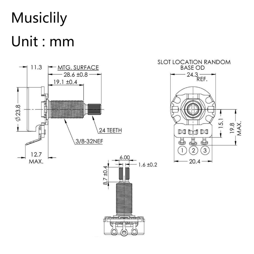 CTS 450G A500K Brass Long Split Shaft Potentiometer for Electric Guitar and Bass of Pot, 3/4" 10% A-Curve (Set 4)