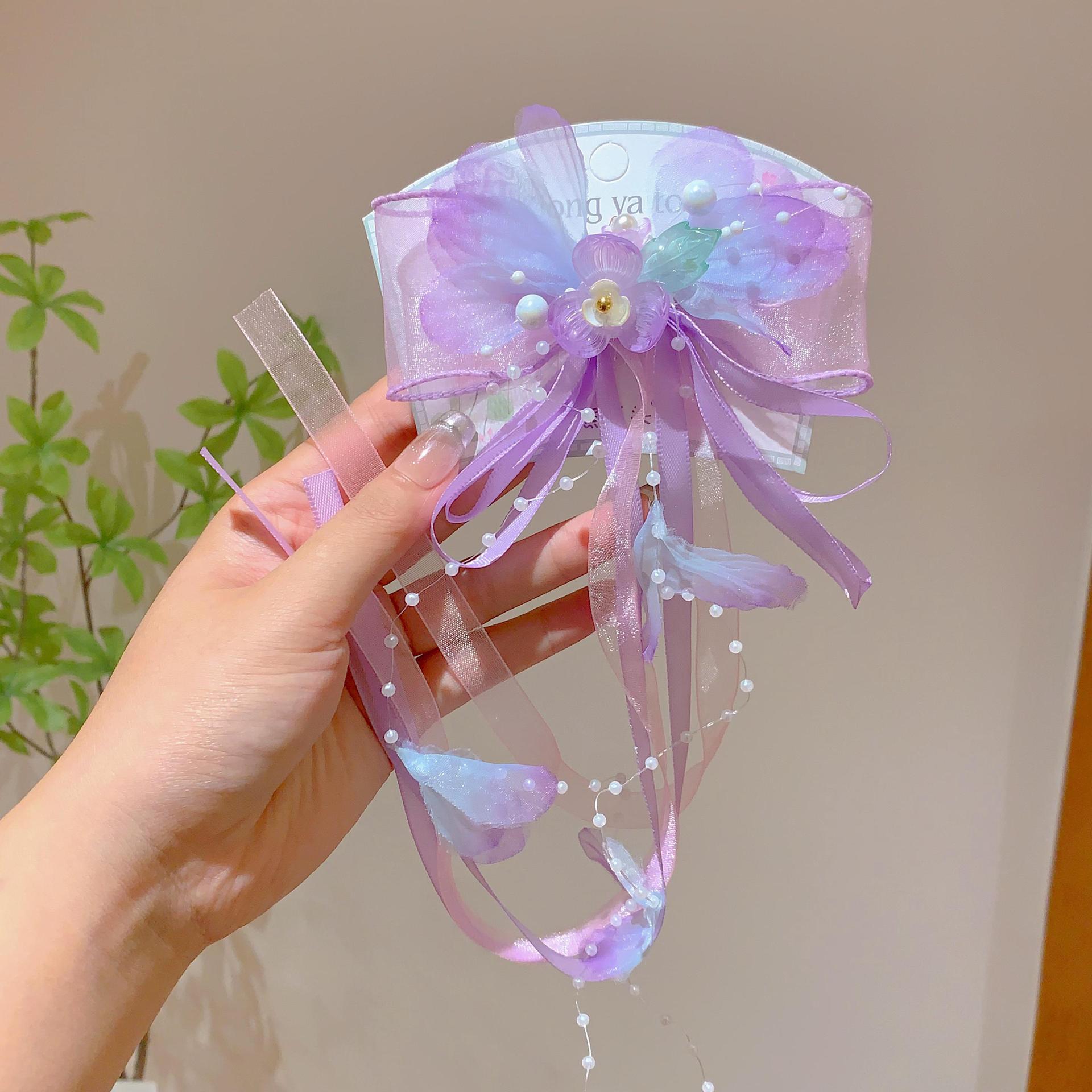 

Ancient Style Children s Hairpin with Pearl and Glass Pendant - Hanfu Ribbon Headwear