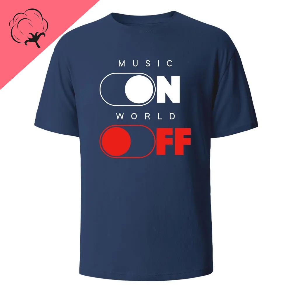 Music on World Off Graphic Printed Cotton Tshirt Breathable and Comfortable Summer Daily Round Neck Mens Wear