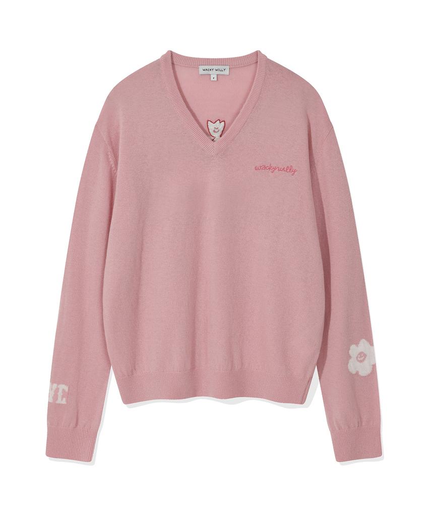 WACKY WILLY Women'S Kiki Embroidered V-Neck Pullover Knit Pink