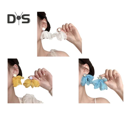 Women Mesh Petal Drop Earrings Handmade Large Chiffon Floral Dangle Earrings Vintage Stud Earrings for Vacation Wedding