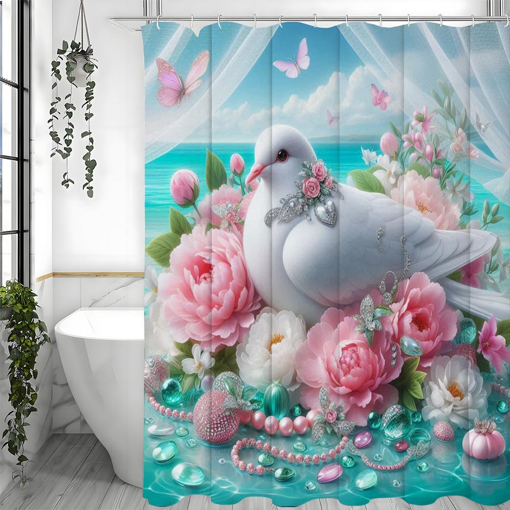 White Dove Floral Pearl Creative Shower Curtain, Bathroom Decorative Shower Curtain, Waterproof Shower Curtain with Hooks