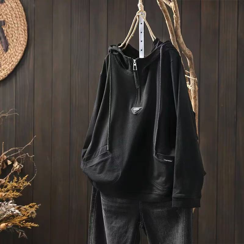 Women's Vintage and Casual Long-sleeved Pullover Spring Loose Hooded Sweatshirt