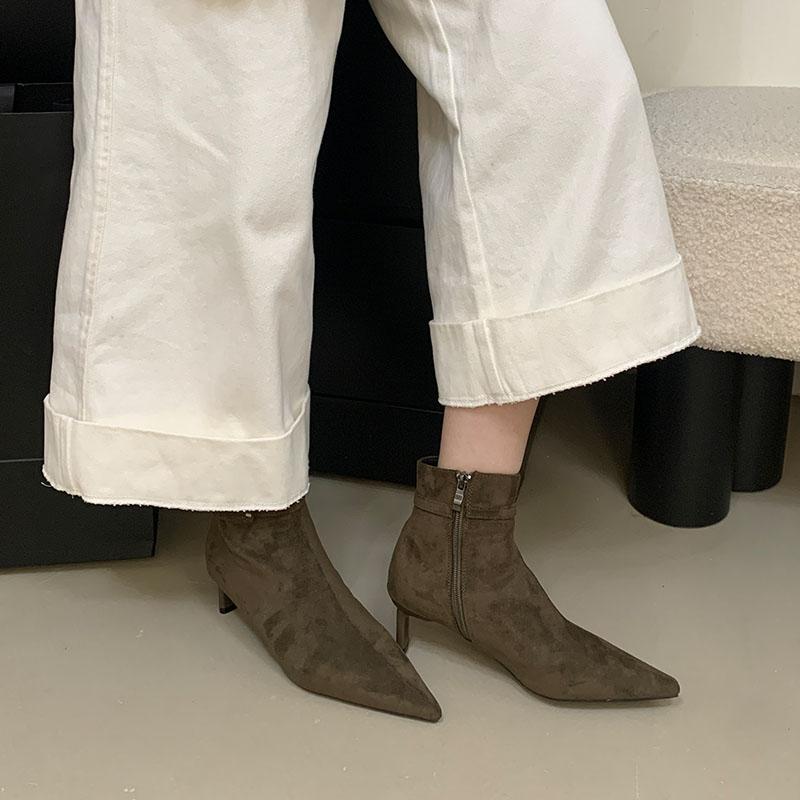 Fashion New Fashion Flock Women Ankle Modern Boots Heels Shoes Pumps Female Pointed Toe Ladies Short Boots With Zippers Shoes