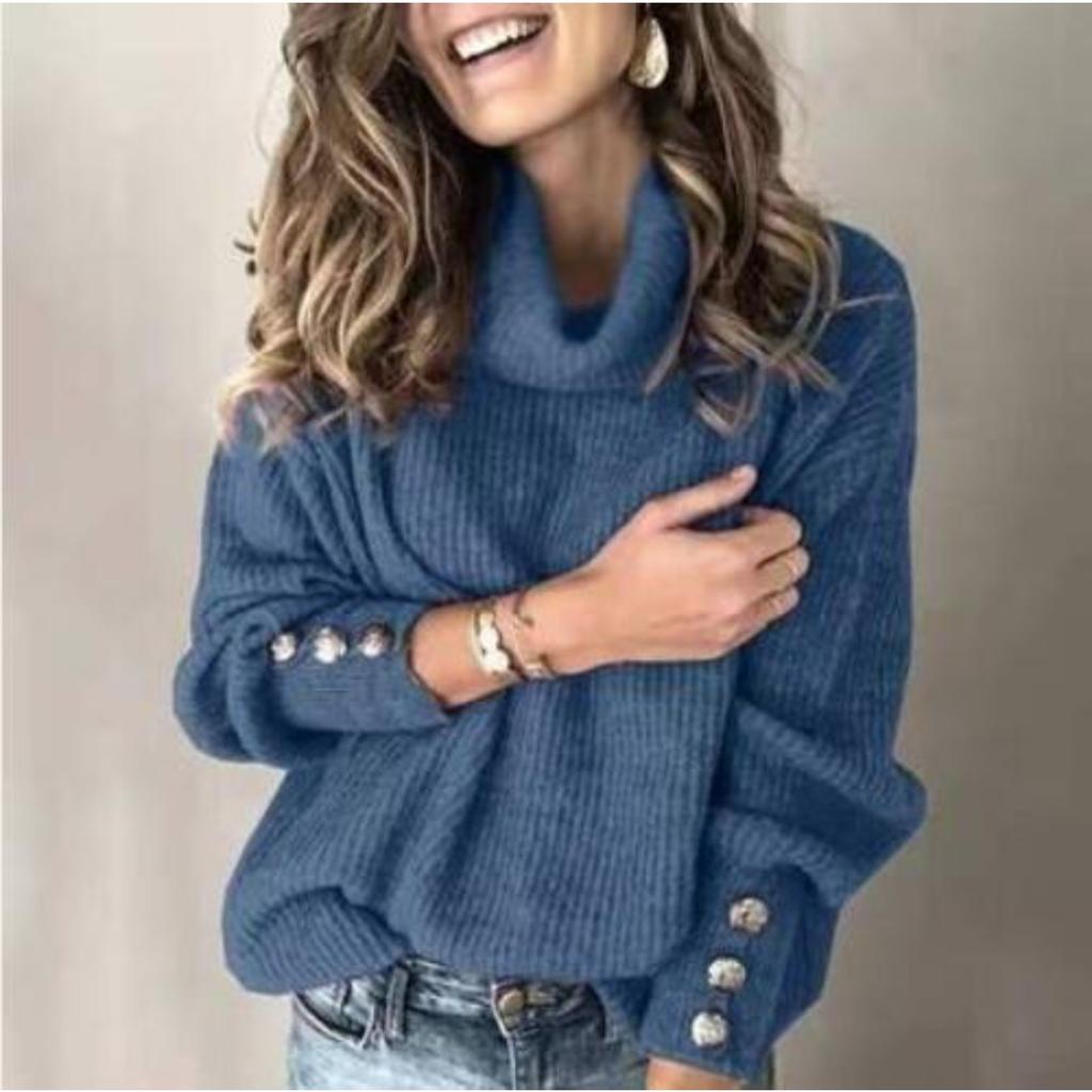 Women's Turtleneck Ribbed Knit Sweater Long Sleeve Button Cuff Loose Casual Solid Color Pullover Top