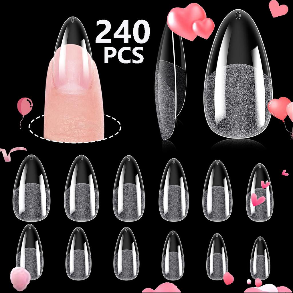 240PCS Short Almond Nail Tips Soft Gel Pre-Shaped Acrylic Nail Tips Half Matte Full Cover Nail Tips Clear Gelly Press On Nail