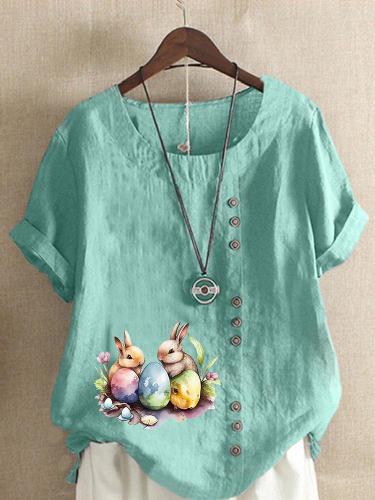 Women's Fashion Rabbit Print Casual Cotton Linen Short Sleeve Round Neck T-shirt Shirt Leisure Loose Summer Blouse Tops