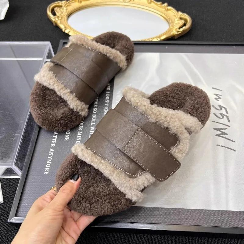 Fashion Women Flats Fur Slippers Casual Flip Flops Winter Mules Shoes 2025 Trend New Slingback Home Cotton Shoes Fashion Mujer Zapatos