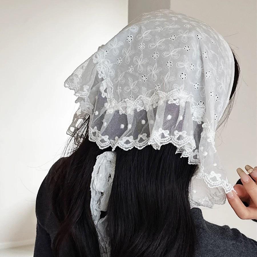 White Lace French Retro High-End Headscarf and Waistband for Women – Spring/Summer Triangle Wrap Hair Tie