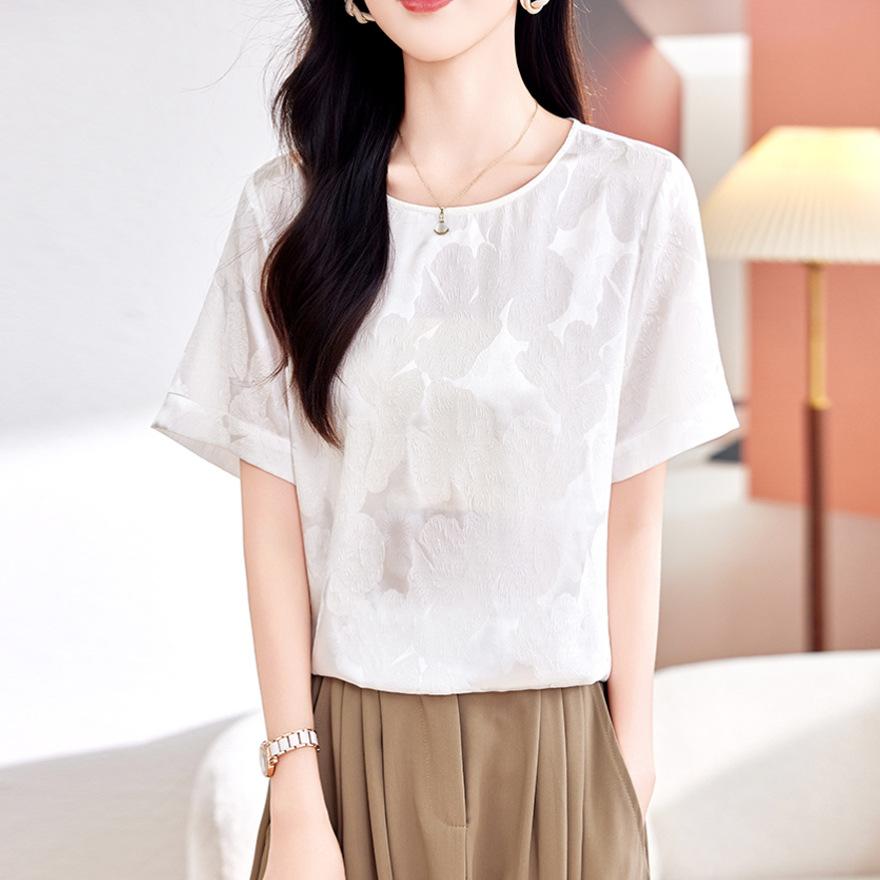 

Шелковая футболка с коротким рукавом из музыкального крепа с короной, женская летняя новинка, с круглым вырезом, свободная, модная, жаккардовая, из шелка тутового дерева, топ 3XL белый