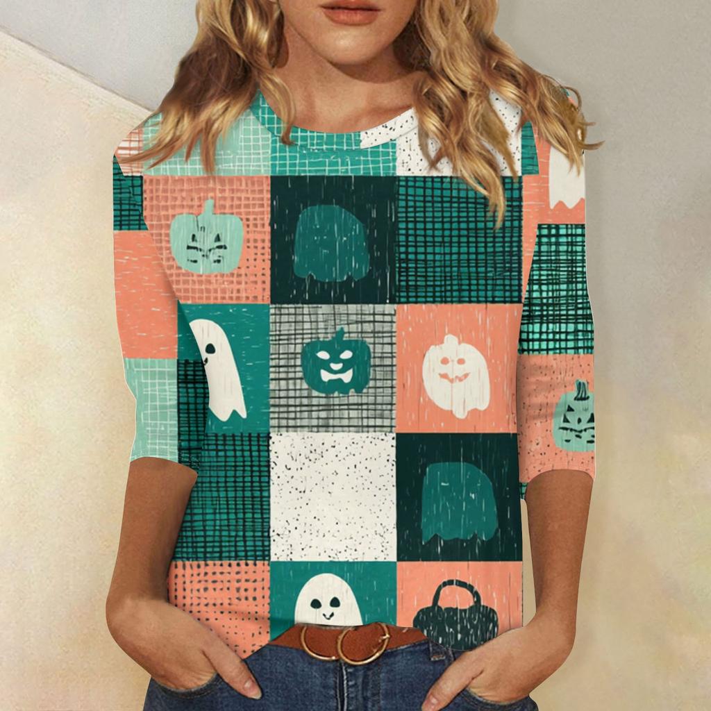 Women's Fashion Casual Three-quarter Sleeve Halloween Printed Round Neck Top