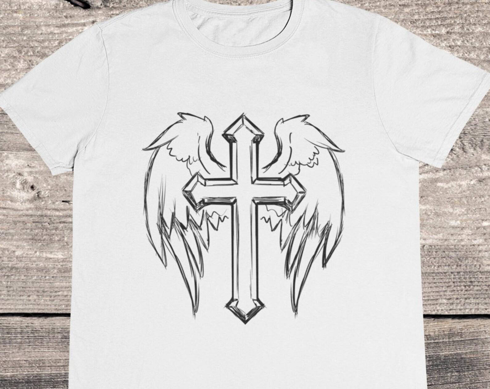 Winged Cross T-Shirt: Christian Angel Wings Design L