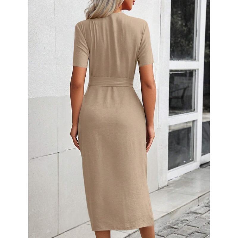 JKASHDK Damenmode Sommer Frühling Einfarbiger Druck Kurzarm V-Ausschnitt Hohe Taille Freizeitkleider