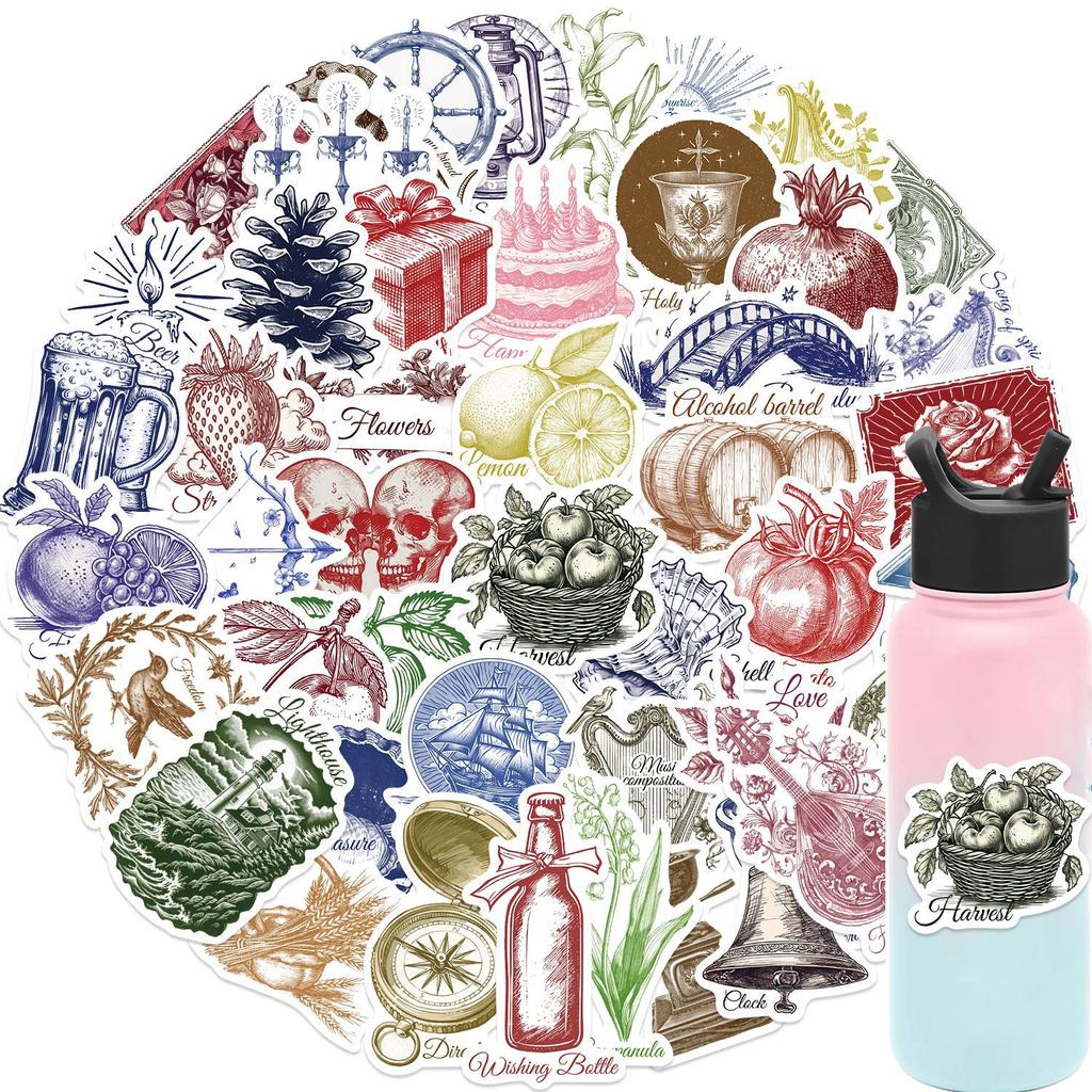 50 Cartoon Retro Imprint Stickers Decorate Notebook Suitcase DIY Waterproof Stickers