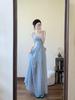 2025 Elegant Summer Blue A-Line Spaghetti Strap Dress for Women - Slimming Waist-Cinched Beach Vacation Style